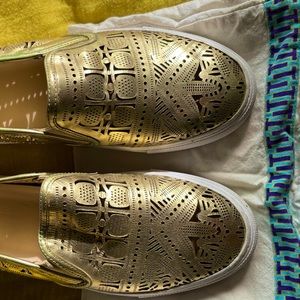 Rare Tory Burch gold cut out slipon